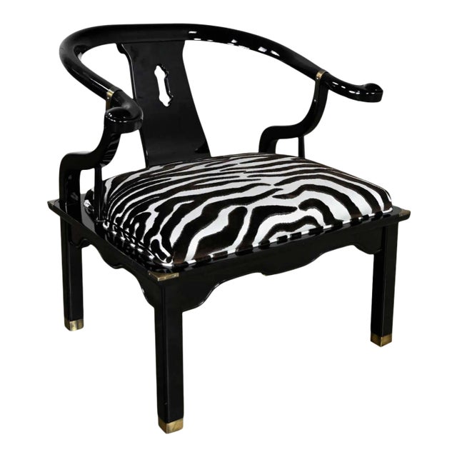 Vintage Ming Style Black Lacquer & Brass Low Chair After James Mont in Scalamandre El Morocco Espresso Fabric For Sale