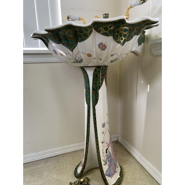 Sherle Wagner Sherle Wagner Chinoiserie Hand-Painted Pedestal Sink & Complete 24k Gold Hardware Suite For Sale - Image 4 of 18