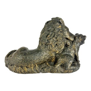 Vintage Lion & Cub Sculpture | Large Bronze Finish Cast Plaster Statue | Hollywood Regency Safari Decor | Ralph Lauren Style For Sale