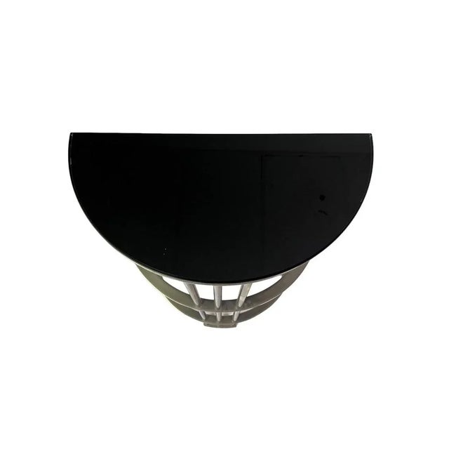 Art Deco Late 20th Century Demilune Console Table Attributed to Jean Michel Wilmotte Nickel Plated Steel Base With Black Glass Top Art Deco For Sale - Image 3 of 6