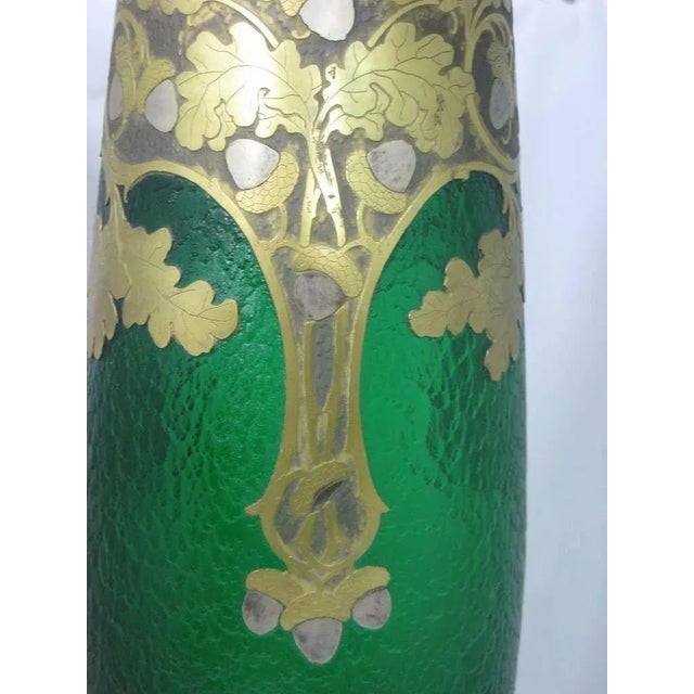 Metal 1890 Art Nouveau Grand Exhibition Magnificent Green Glass & Etched Gold & Silver Vase by Master f.t. Legras,Saint-Denis 20” Ht For Sale - Image 7 of 10