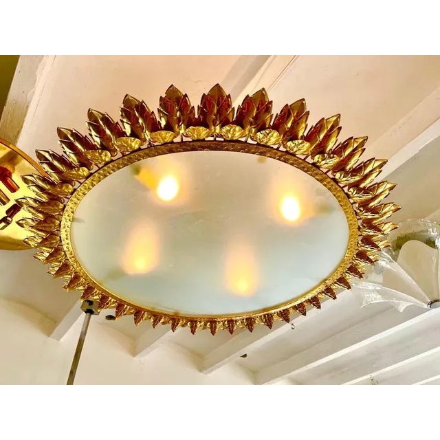 Gold Spanish Crown Sunburst Fixture in Gilt Metal and Frost Glass, 1970s For Sale - Image 8 of 10