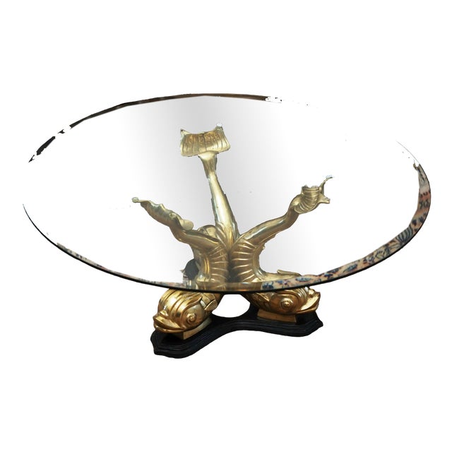 Vintage Hollywood Regency Glass Coffee Table with Dolphins For Sale
