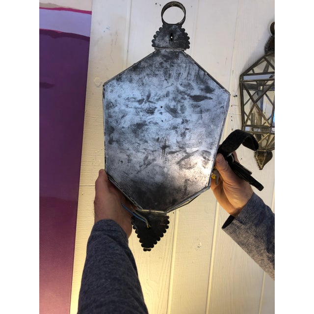 Tin Glass and Mirrored Faceted Lantern Sconces -A Pair For Sale - Image 9 of 10