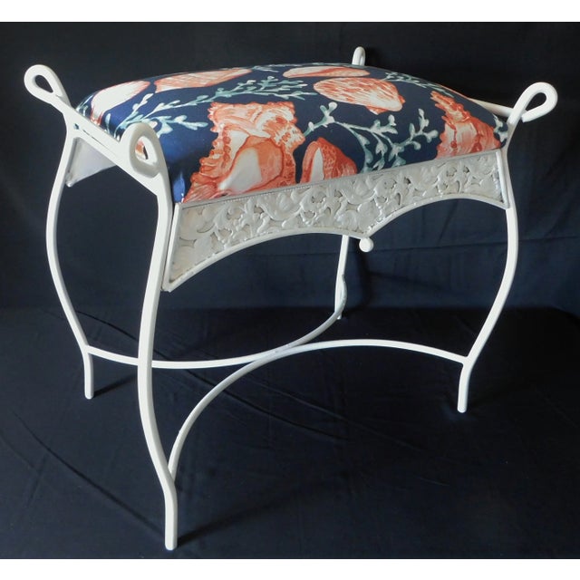 Mid 20th Century Vintage Mid Century White Iron Blue Coral Upholstered Vanity Stool Bench For Sale - Image 5 of 13
