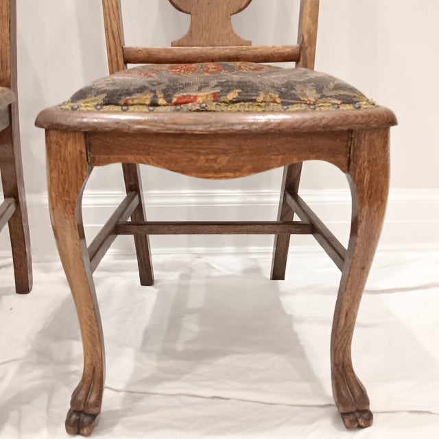 Antique Quarter Sawn Oak Side Chairs With Hand Carved Motif on Each Side and Nailhead Stud Surround Tapestry Seat and Claw Feet For Sale In Chicago - Image 6 of 18