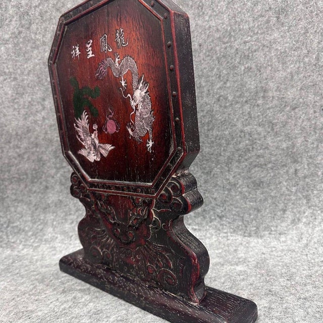 Brown Rosewood Table Screen With Mother of Pearl Inlay, Dragon Phoenix Chinoiserie Desk Decor For Sale - Image 8 of 8