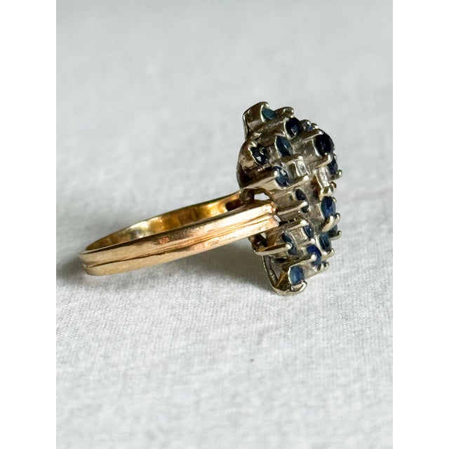 Vintage 14k Yellow Gold Victorian Revival Sapphire & Diamond Waterfall Cluster Ring, Size 7.25 For Sale In New York - Image 6 of 9