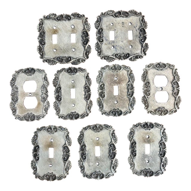 Vintage Regency-Style Metal Light Switch Plates With Floral Scrollwork – Set of 9 For Sale