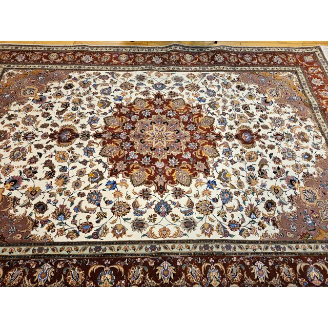 Textile Fine Persian Tabriz Shirfar Rug, Hand-Knotted Wool & Silk, Floral Pattern, Ivory & Chocolate, 7x10 For Sale - Image 7 of 18