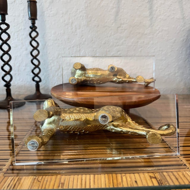 Metal Brass Cheetah Sculptures on Lucite Bases For Sale - Image 7 of 10