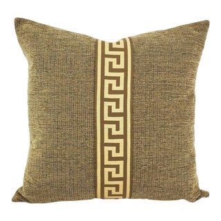 Tan and Black Textured Chenille With Brown and Cream Greek Key Trim Pillow Cover - 20" X 20" Solid Textured Chenille Cushion Cover For Sale