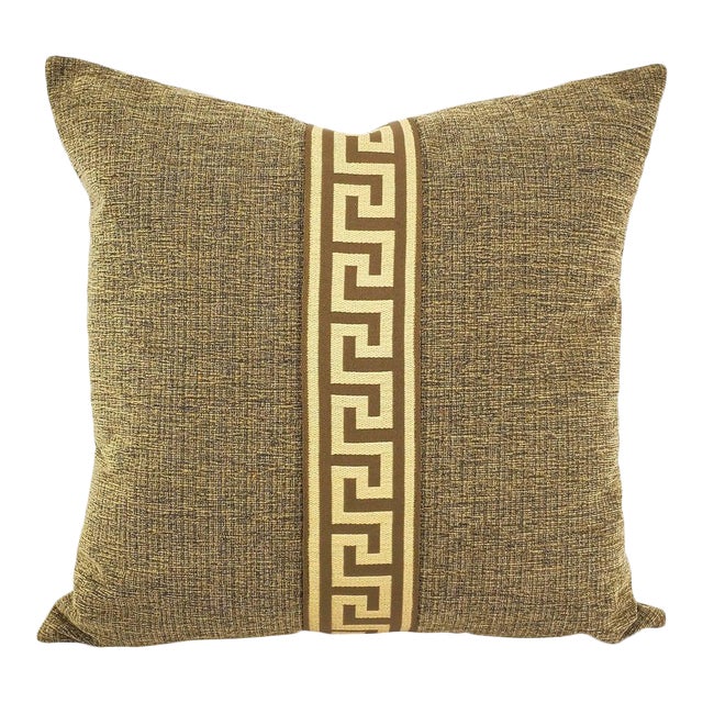 Tan and Black Textured Chenille With Brown and Cream Greek Key Trim Pillow Cover - 20" X 20" Solid Textured Chenille Cushion Cover For Sale