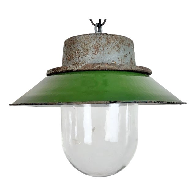 Industrial Green Enamel and Cast Iron Pendant Light, 1960s For Sale