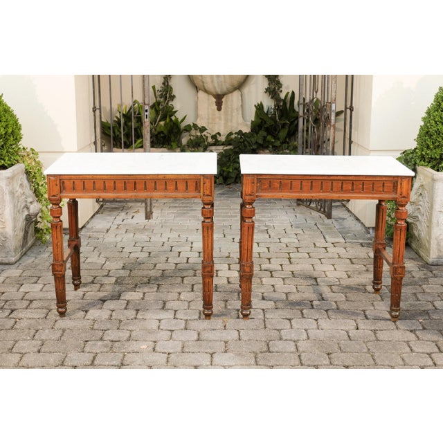 Brown Pair of French 1870s Neoclassical Style Wooden Console Tables with Marble Tops For Sale - Image 8 of 12
