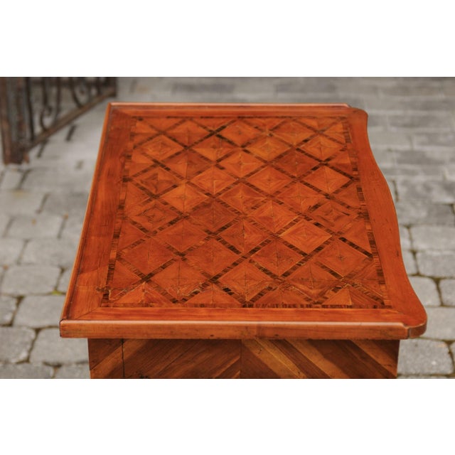 Brown Italian 1820s Walnut Side Table with Marquetry Top, Inlaid Legs and Side Drawer For Sale - Image 8 of 11