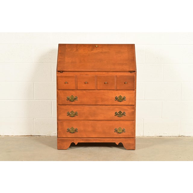 American Ethan Allen American Colonial Solid Maple Drop Front Secretary Desk, Circa 1970s For Sale - Image 3 of 16