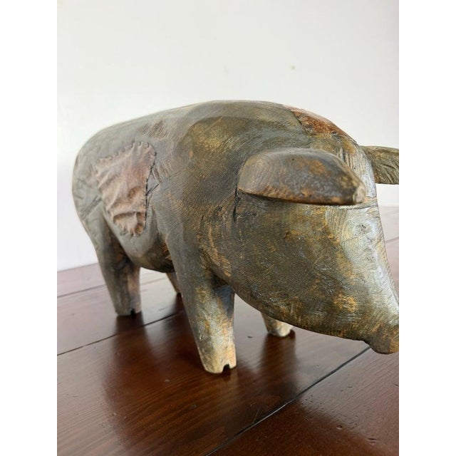 Taupe Folk Art Carved Wooden Pig Sculpture With Patinated Finish For Sale - Image 8 of 10