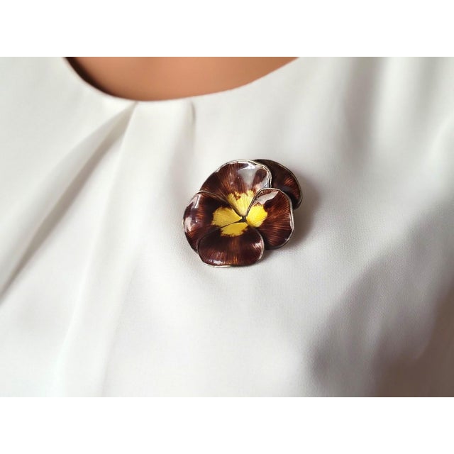 Metal Vintage Finn Jensen Sterling Silver Enamel Pansy Brooch, Norway 1950 For Sale - Image 7 of 10