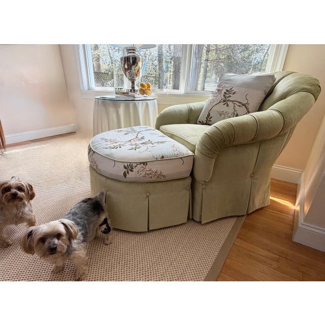 Custom Tufted Celadon Green Lounge Chair & Ottoman Set in Floral Colefax and Fowler For Sale - Image 17 of 18
