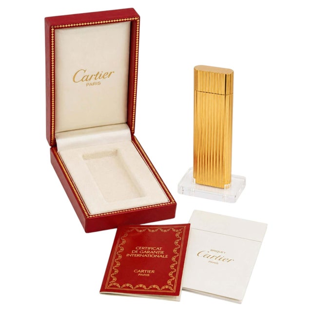 20th Century Godron 18k Gold-Plated Pocket Lighter with Box and Papers from Cartier, Set of 2 For Sale - Image 4 of 4