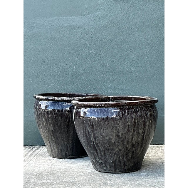 Coffee Vintage Glazed Ceramic Planters - Pair For Sale - Image 8 of 12