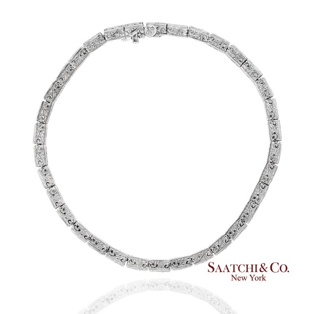 Early 21st Century Vintage 18k 750 White Gold Natural Diamond Engraved & Milgrain Tennis Bracelet For Sale - Image 5 of 13