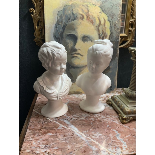 Maison Baguès Pair of Blanc De Chine Houdon Style 9” Busts of Victorian Revival Children Made in the 1960’s. Great Cottage Core Accent Pieces - See Pics! For Sale - Image 4 of 10