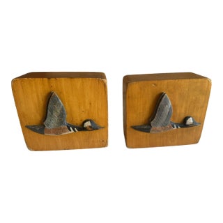 Vintage Hand-Carved Flying Duck Wooden Bookends – A Pair Folk Art Flying Duck Bookends For Sale