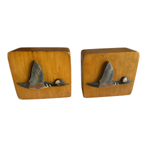 Vintage Hand-Carved Flying Duck Wooden Bookends – A Pair Folk Art Flying Duck Bookends