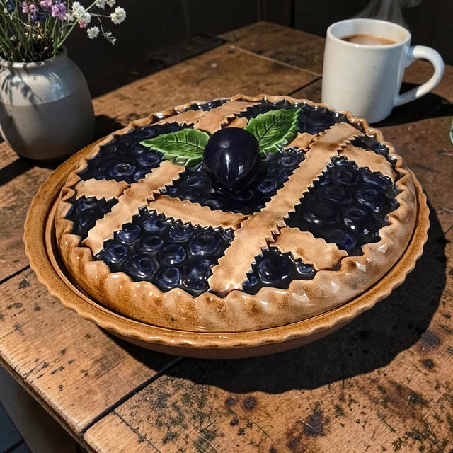 The Vintage Sanor Portuguese Ceramic Blueberry Pie Keeper is a charming and unique addition to any kitchen. This round pie...