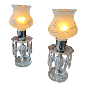 Pair of Vintage Crystal Boudoir Table Lamps With Frosted Floral Glass Shades