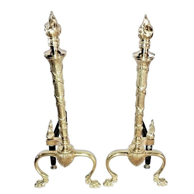 Polished Brass 1920s French Neoclassical Torch Flame Top 21" Fireplace Andirons For Sale - Image 4 of 4