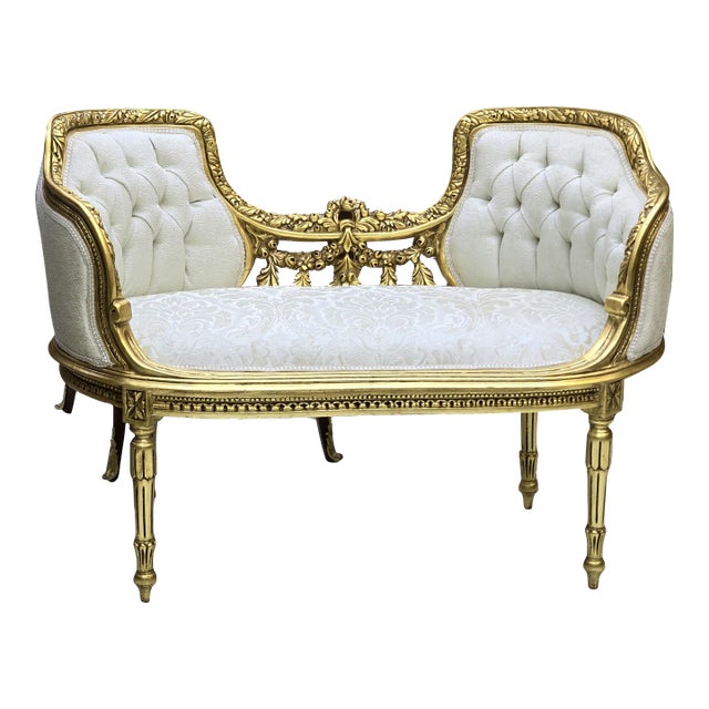 French Style Bench White Tufted Velvet Gold Details For Sale