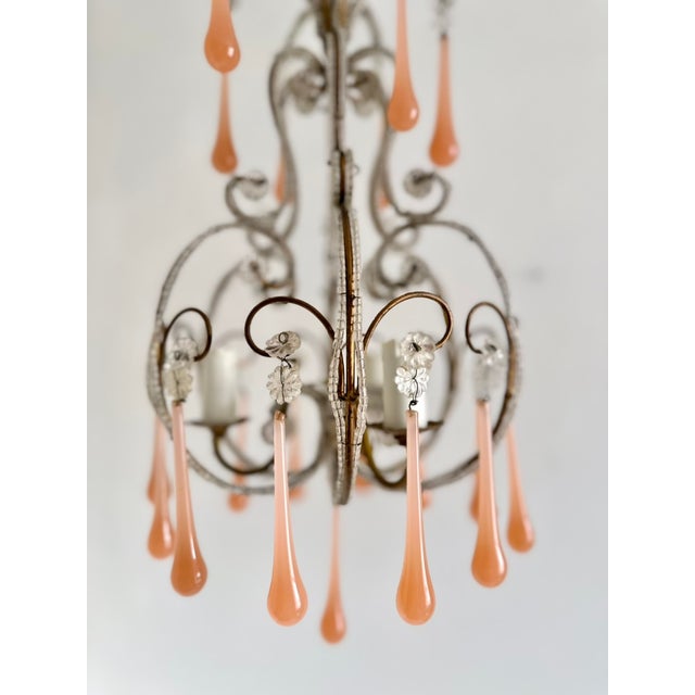 Venetian Style Beaded Brass Chandelier with Pink Murano Glass Drops, Italy, 1950s For Sale - Image 4 of 18