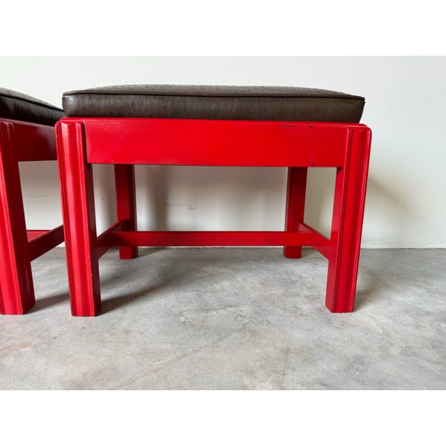 1970's Mid-Century Red Lacquered Mahogany Wood With Brown Leather Seats Ottomans - a Pair For Sale - Image 11 of 12