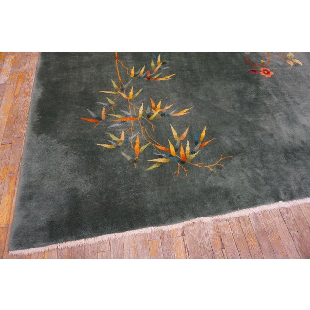 1930s 1930s Green Bamboo Floral Antique Chinese Art Deco Rug 8' 9'' X 11' 0'' Handknotted Wool Carpet For Sale - Image 5 of 12