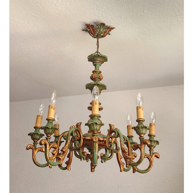 Rococo Antique Louis XV Rococo Baroque Florentine Chandelier with Eight Arms Gilded with Gold Leaf, Italy, 1920s For Sale - Image 3 of 18