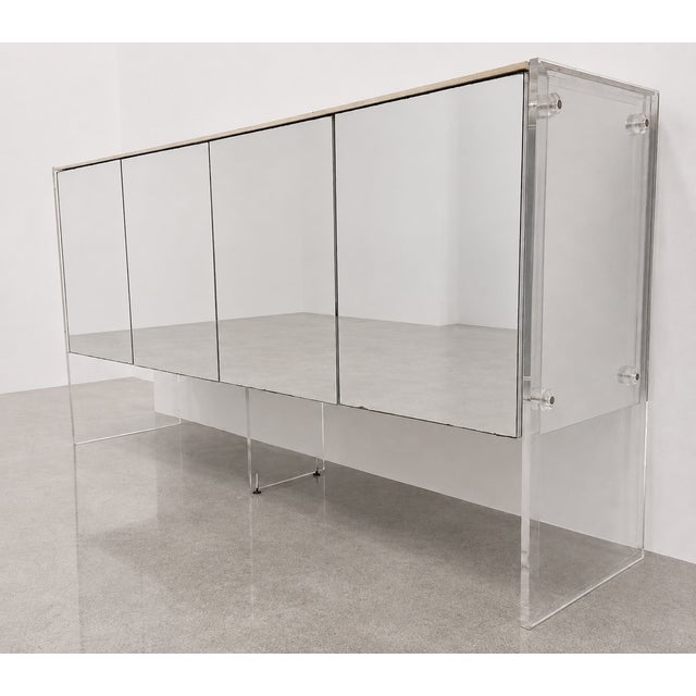 Late 20th Century Vintage Mirrored White Laminate & Lucite Credenza For Sale - Image 5 of 14