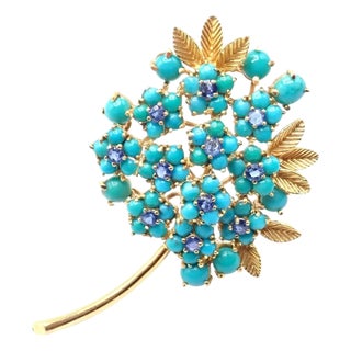 Mid 20th Century Tiffany & Co. Yellow Gold Turquoise Sapphire Pin Brooch For Sale