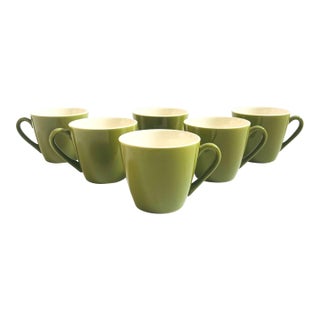 Green and White Ceramic Mugs - Set of 6 For Sale