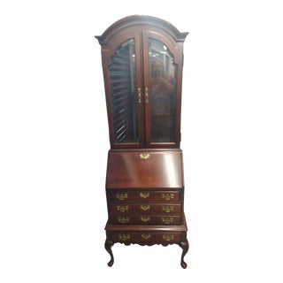 Late 20th Century Vintage Jasper Cabinet Company Lighted, Locking 2 Piece Cherry Chippendale Secretary Desk With Key For Sale