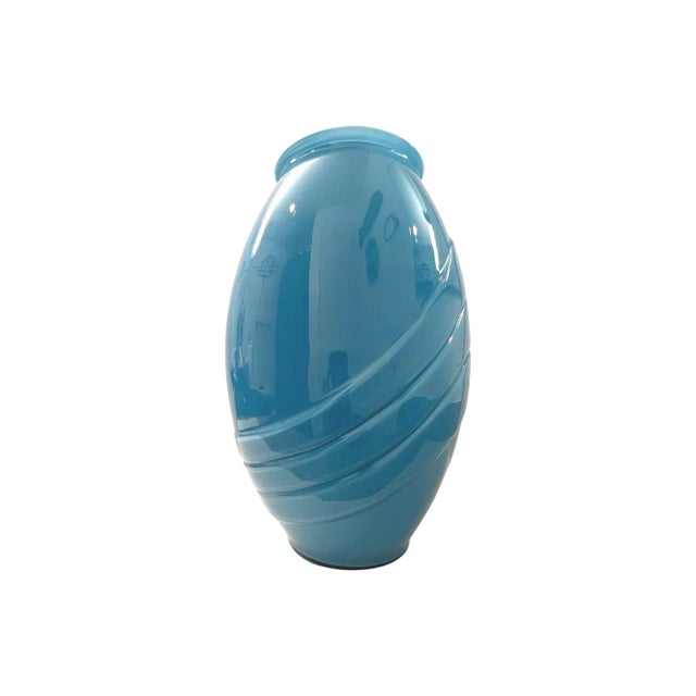 Postmodern Vintage Postmodern Large Turquoise Ribed Glass Vase, 1980s For Sale - Image 3 of 8