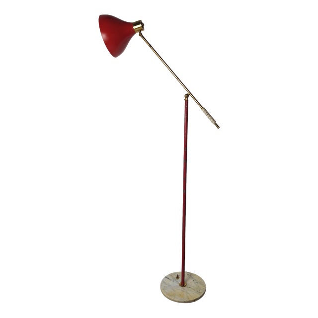 Floor Lamp for Reading with Red Marble Base and Cone with Joint, 1950s For Sale