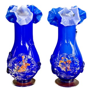 Murano Style Blue Art Glass Vases With Thread Design and Orange Accents, Set of 2 For Sale