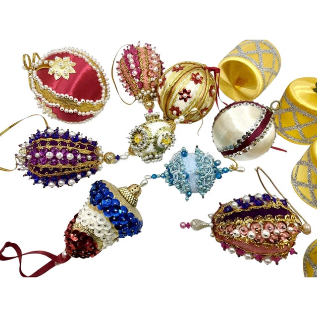 Vintage Christmas Tree ornaments. An array of beaded and bedazzled ornaments. Four bright yellow faux silk drums with...