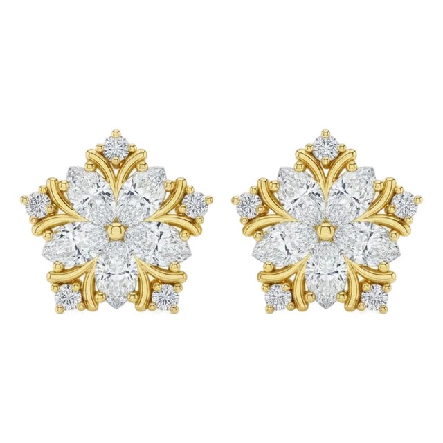 Snowflake Earrings Studs in 14k Gold, A Pair For Sale