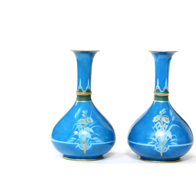 Very fine and large pair of old Paris porcelain decorative vases / pieces with exterior design details. Each vase is in...