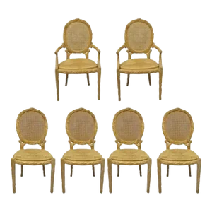 Mid 20th Century Vintage Faux Bois Branch Cane Back Rush Seat Wooden Dining Chairs - Set of 6