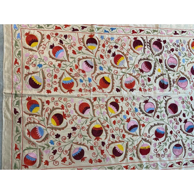 Beige Square Ivory Silk Suzani Tapestry With Pomegranates For Sale - Image 8 of 9